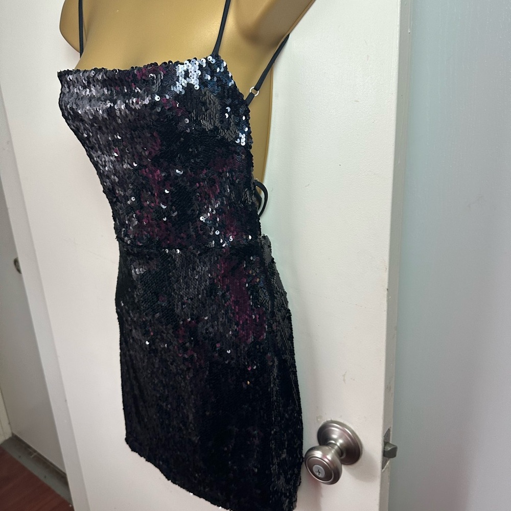 Lucy In The Sky Black-Silver Strappy Disco Sexy Open Back Sequin Mini Dress M - Picture 8 of 16